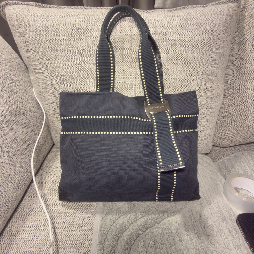 Salvatore Ferragamo Canvas Dark Blue Tote with White Accents